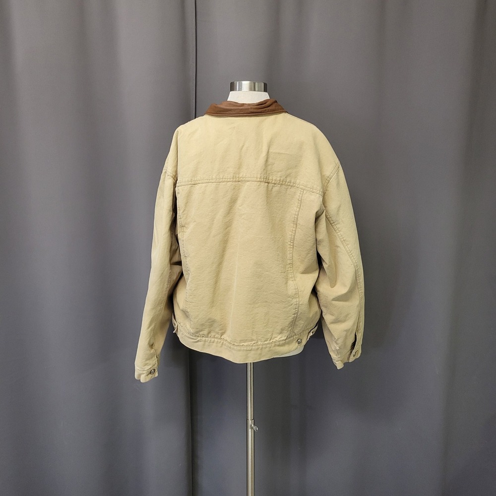 Vintage Woolrich Canvas Trucker Jacket Tan Leather Collar Striped Blanket Lined - Picture 4 of 9